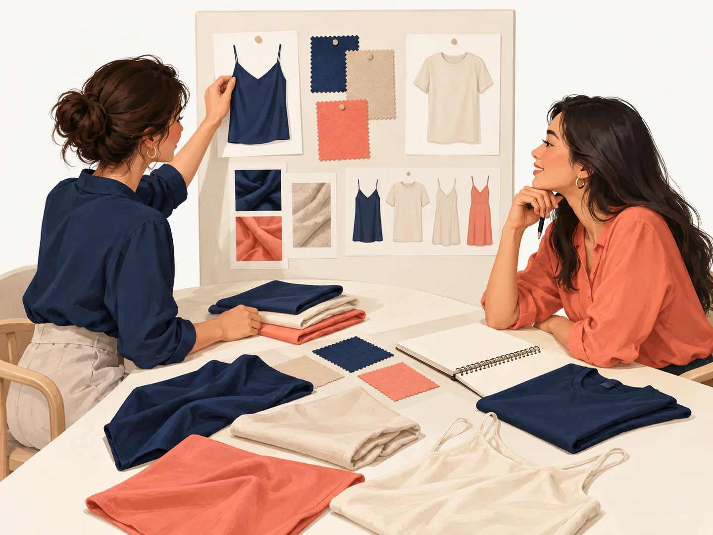 Conceptual illustration of garment references, fabric swatches and product direction planning