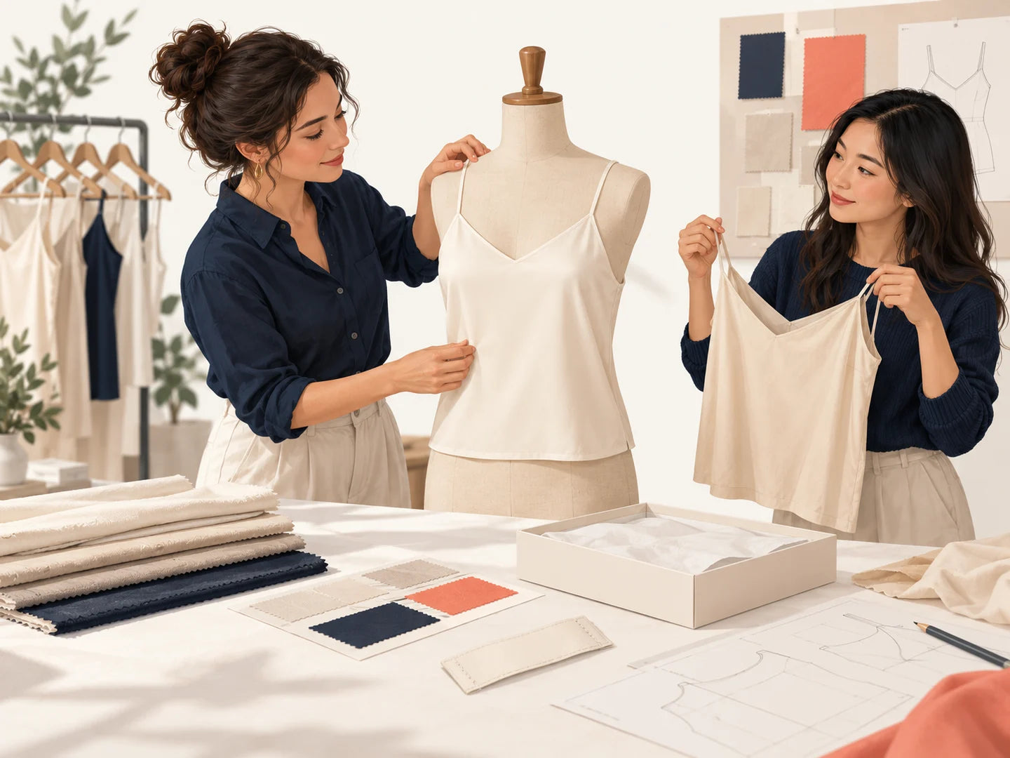 Conceptual illustration of garment sketches, fabric selection, sample development and brand details