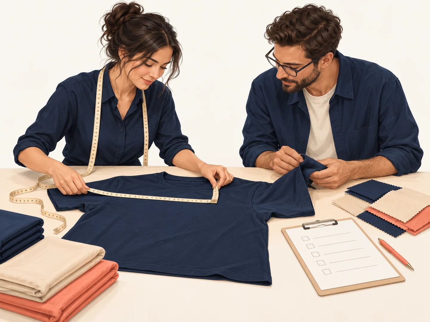 Conceptual illustration of garment production, measurements and agreed quality checks